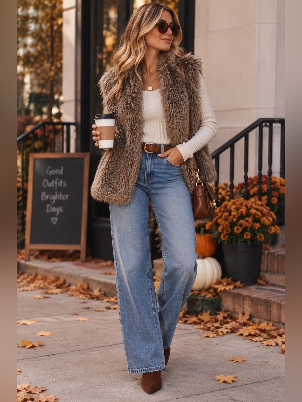 Reversible Faux Fur Cable Knit Vest Taupe Brown Cozy Oversized One Size